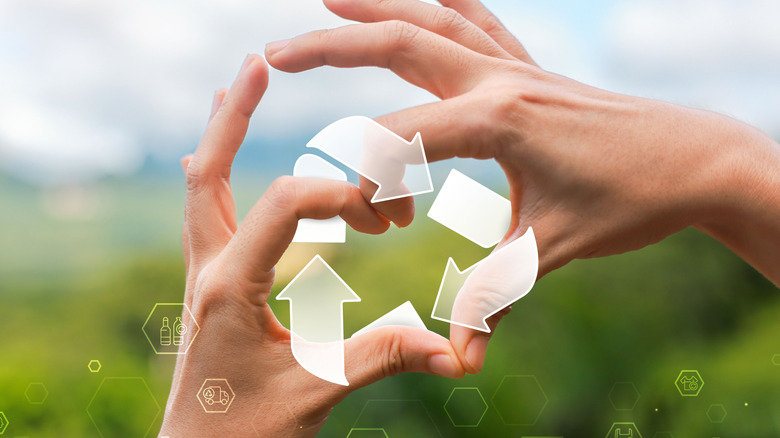A person making a heart with their hands with a recycling symbol surrounding it