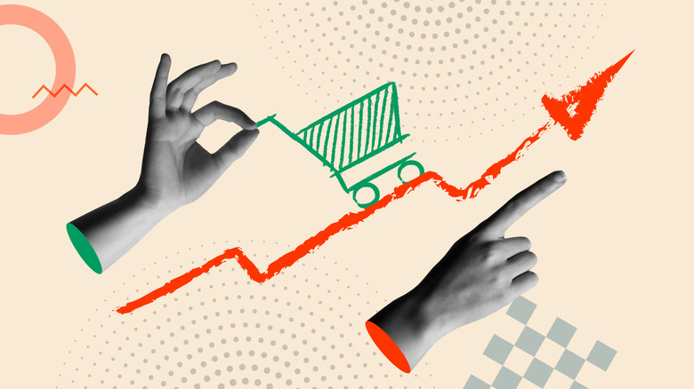 A graph showing an arrow going upward with a hand holding a shopping cart to show rising prices