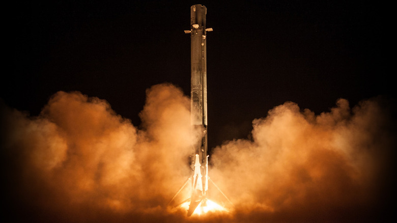 The first stage of a SpaceX Falcon 9 rocket coming into land at the end of a space mission.