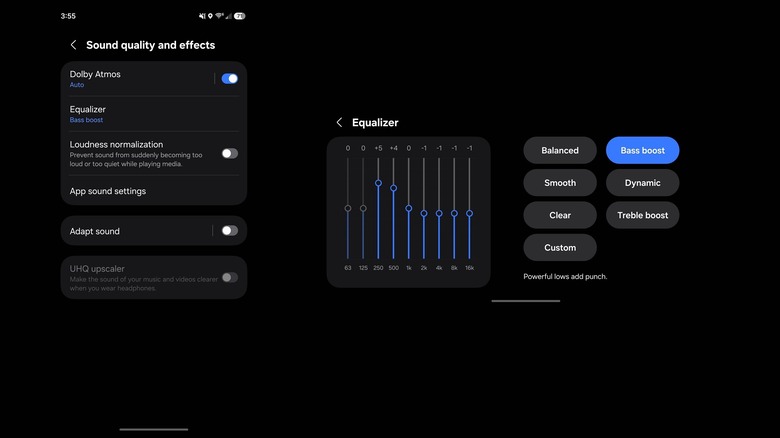 Dolby Atmos and Equalizer settings in the Samsung One user interface.