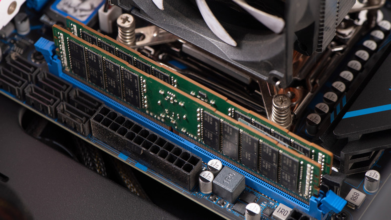 Computer RAM slotted into a motherboard