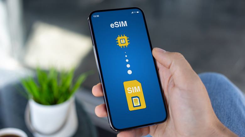 person holding smartphone showing eSIM and SIM card graphics on blue background