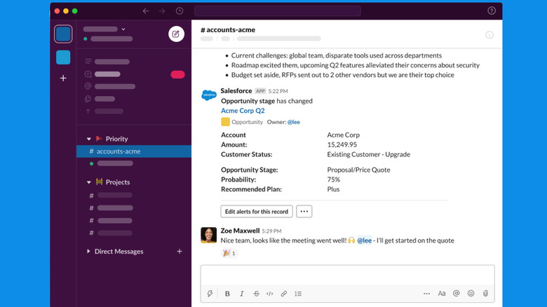 Slack interface showing a Channel with conversation and an app integration.
