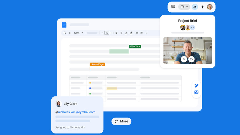 Google Docs showing interface for multiple people collaborating in real time with @ mentions and comments.