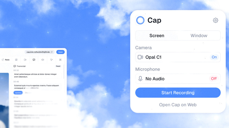 Cap video recorder overlay for selecting Camera and Microphone.