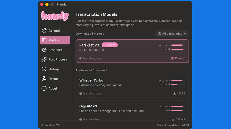 Handy app for Mac showing available speech-to-text transcription AI models.