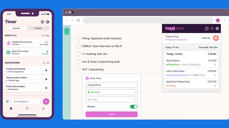 Toggl Track showing time tracking interface on mobile app and desktop browser.