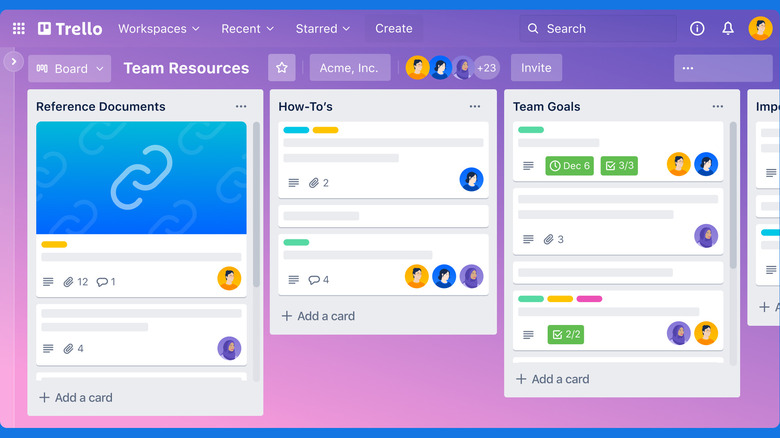 Trello showing a board with multiple lists and cards, featuring attachments and due dates.