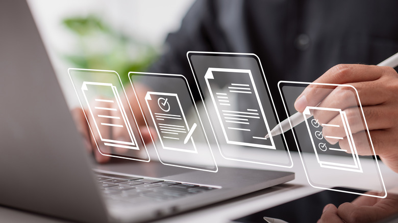 Visualization for a person choosing productive work from home apps on their computer.