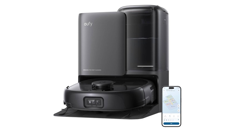 eufy Robot Vacuum E25 in dock with app showing on smartphone