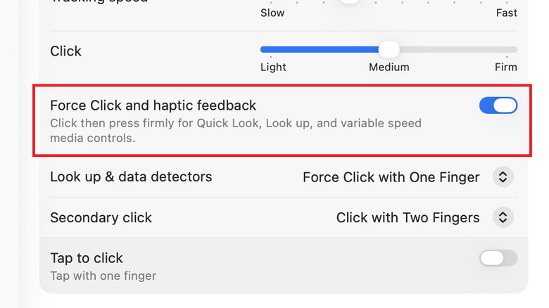 The macOS "Force Click and haptic feedback" option toggled on and highlighted in a red box.