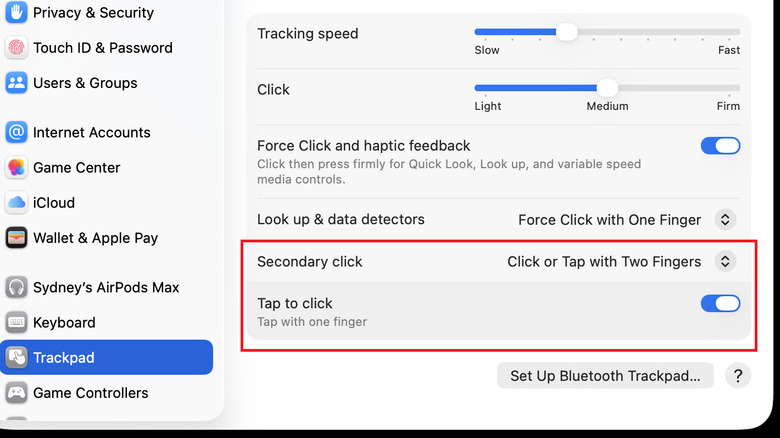 The macOS "Secondary click" and "Tap to click" Trackpad options highlighted with a red box.