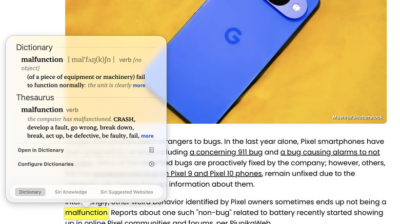The Dictionary tab of the macOS "Look Up" function for the highlighted word "malfunction" in a BGR article.