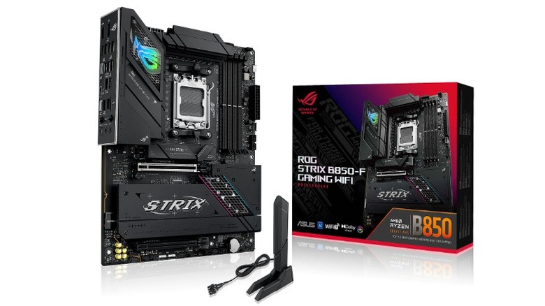A product render of the ASUS Rog Strix B850-F Gaming Motherboard with its box and Wi-Fi antenna.