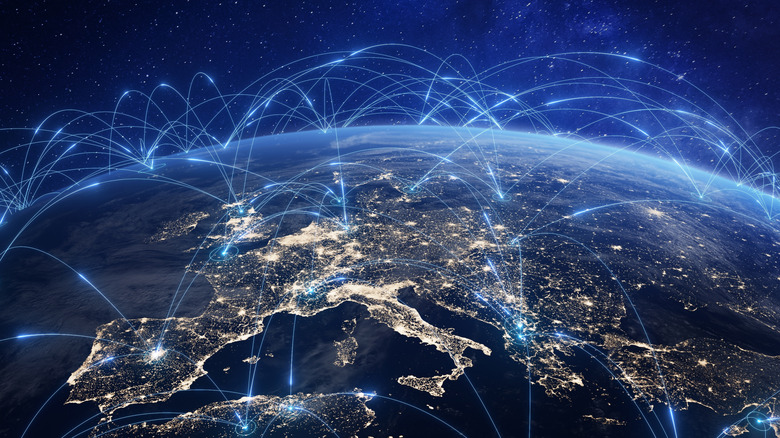 A digital representation of an internet network operating over Europe.
