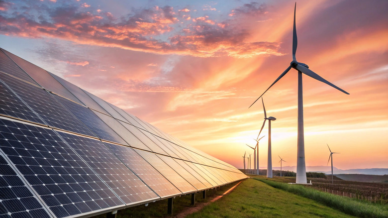 An energy production plant equipped with solar panels and windmills