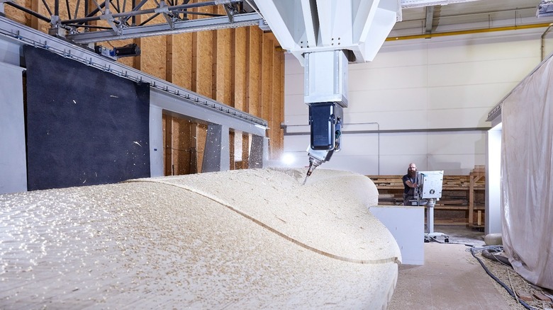 A wood turbine blade being built
