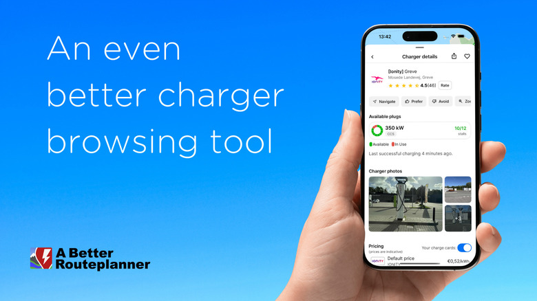 A hand holds up a smartphone displaying the charger details of a charger in Greve, besides the words "An even better charger browsing tool"