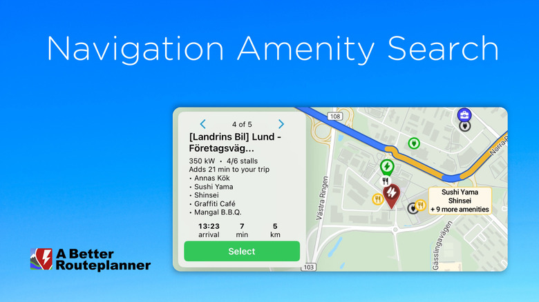 The results of a navigation amenity search shows a series of potential restaurants next to a charging station.