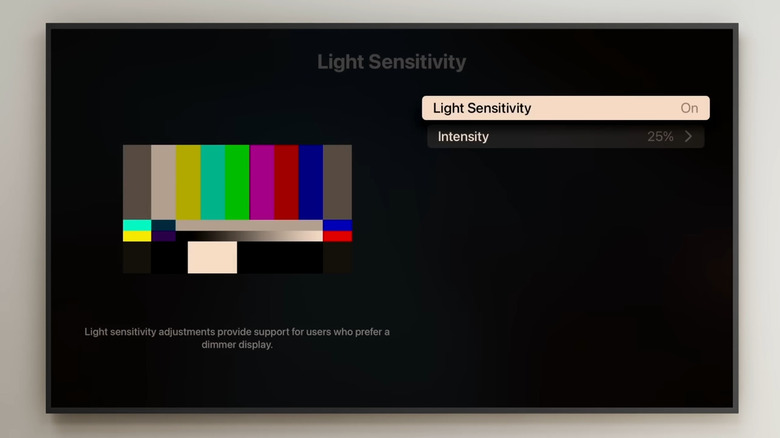 Apple TV showing Light Sensitivity settings