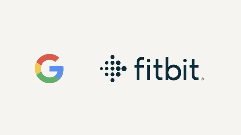 Google logo alongside Fitbit logo on an off-white background