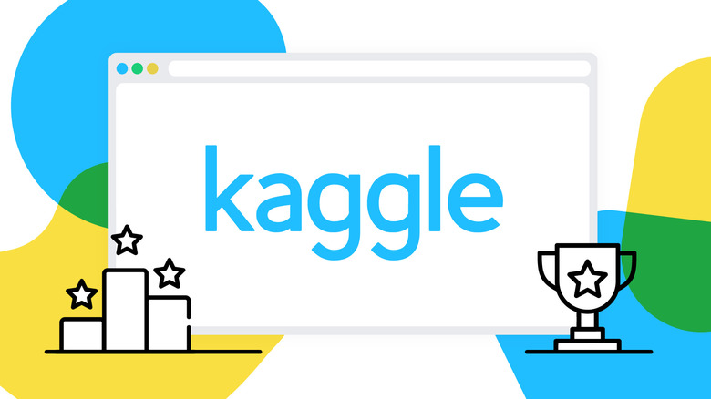 Kaggle logo displayed in blue text within a stylized browser window, with abstract shapes and trophy icons on either side