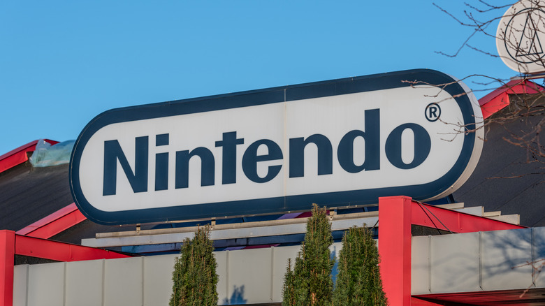 The Nintendo logo on top of a building