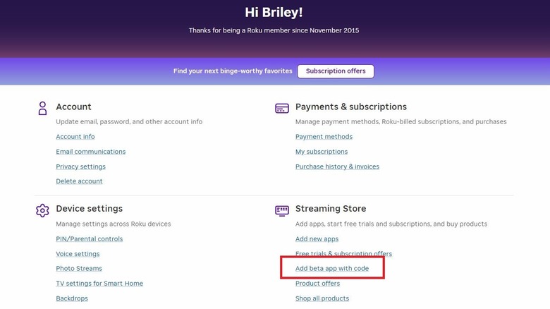 A screenshot of the Roku website and account settings.