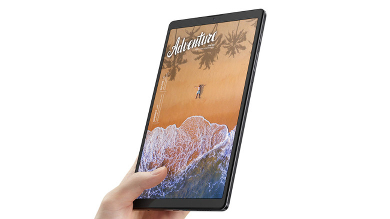 Holding Galaxy Tab A7 Lite with display on