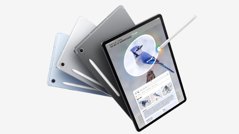 Galaxy Tab S10 FE+ Display and Back Design in Blue, Silver, and Gray