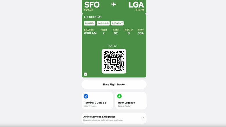 A green digital boarding pass for a flight from San Francisco to New York's LaGuardia Airport showcases Apple's new boarding pass system.