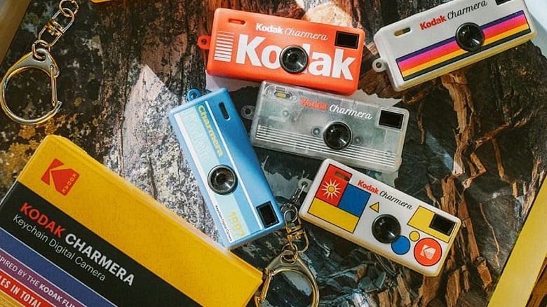 Kodak Charmera keychain digital camera in different styles on a tree stump.