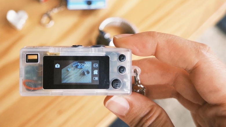 View of the back of a Kodak Charmera keychain camera with the preview display visible.