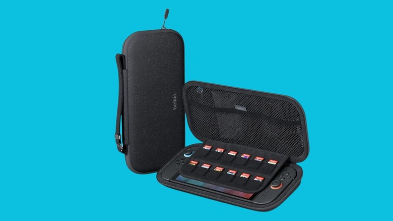 Belkin travel case for Nintendo Switch 2 shown open with game card storage and protective compartments