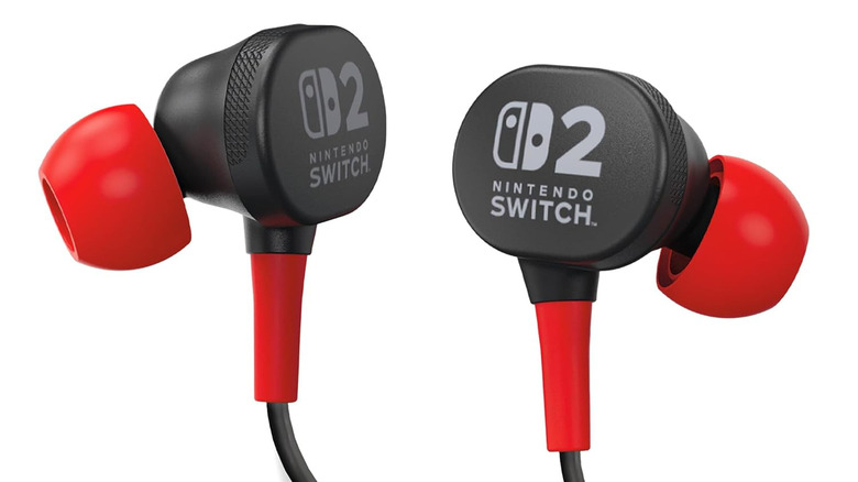 PowerA wired earbuds for Nintendo Switch 2 with black housings and red silicone ear tips