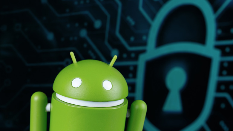 Android robot figure in front of a lock symbol