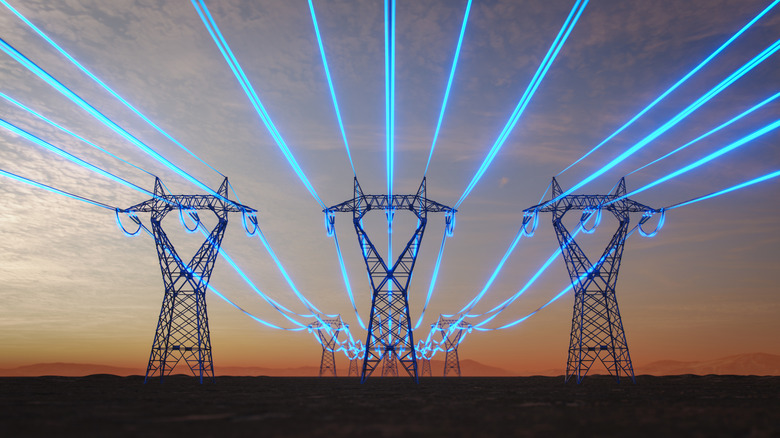 concept, power wires showing glowing blue around them