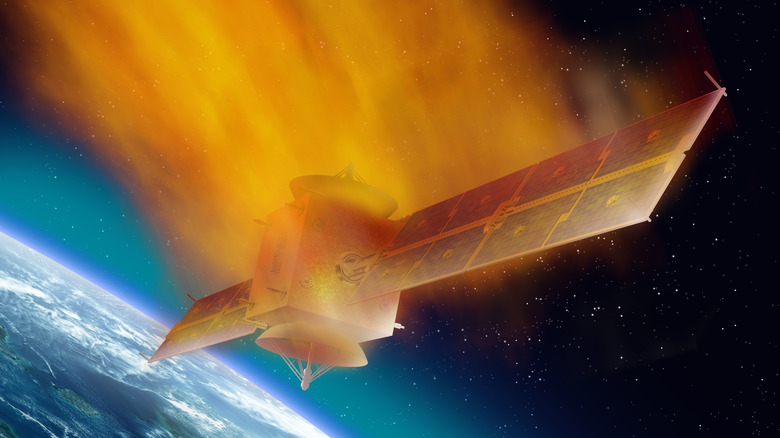 A satellite burning up in low orbit.