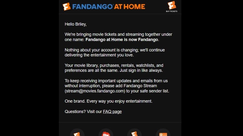 Email from Fandango at Home about the branding and name change