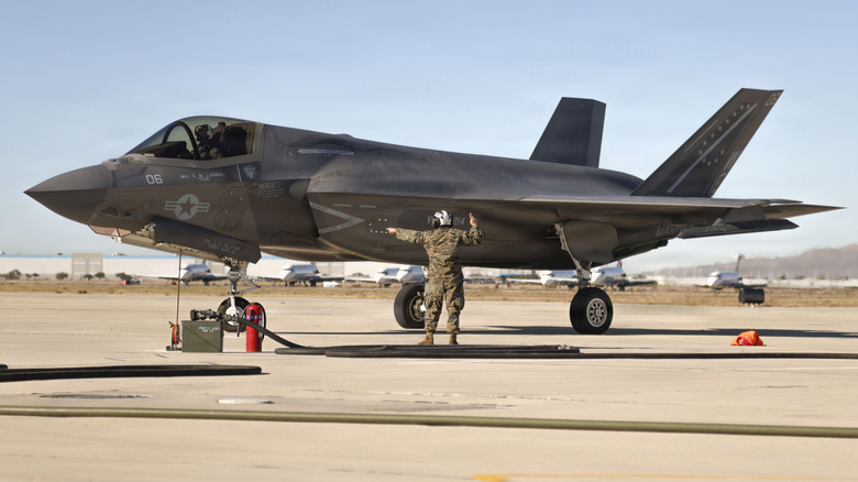 An F-35A Lightning II grounded and preparing for takeoff.