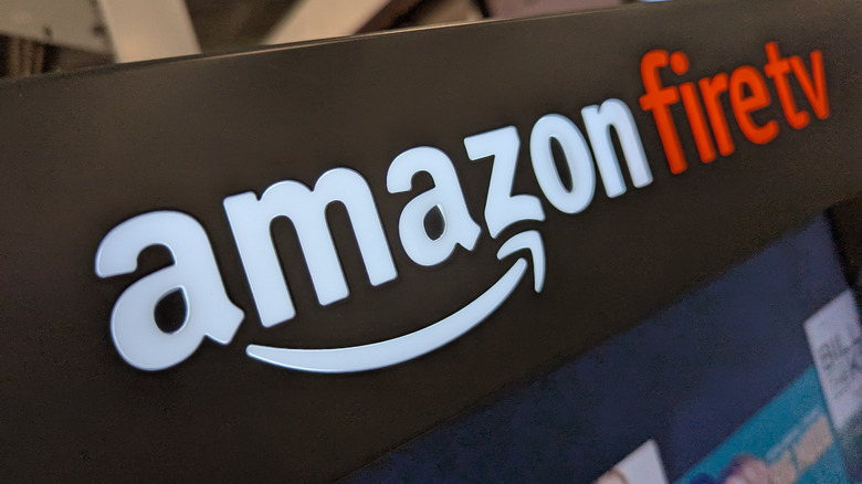 Close up of the Amazon Fire TV logo on a store display.