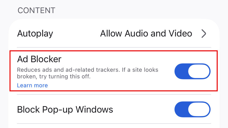 Cropped version of a screenshot showing the Ad Blocker feature on Firefox for iOS