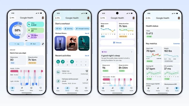 Multiple phones showing the Google Health app screens