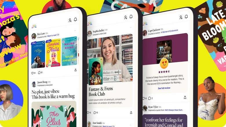 Screenshots of Fable social features showing posts, reviews, and groups of Fable users