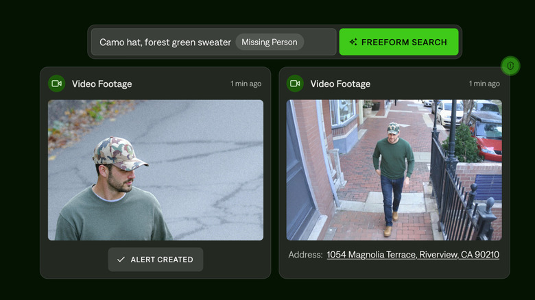 A Flock Freeform search shows a user creating an alert for a person in a "camo hat, forest green sweater," surfacing two different video results of people which match that description.