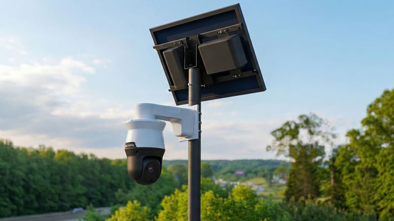 A Flock Safety video camera stand above a treelined area in broad daylight.