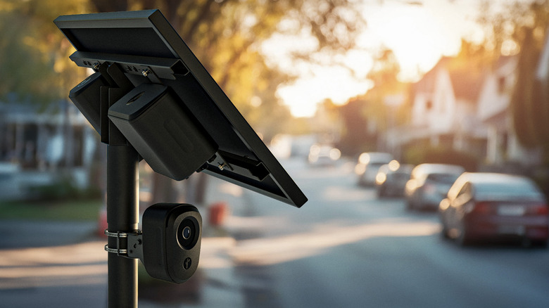 A solar powered Flock ALPR stands above a neighborhood street at dusk.