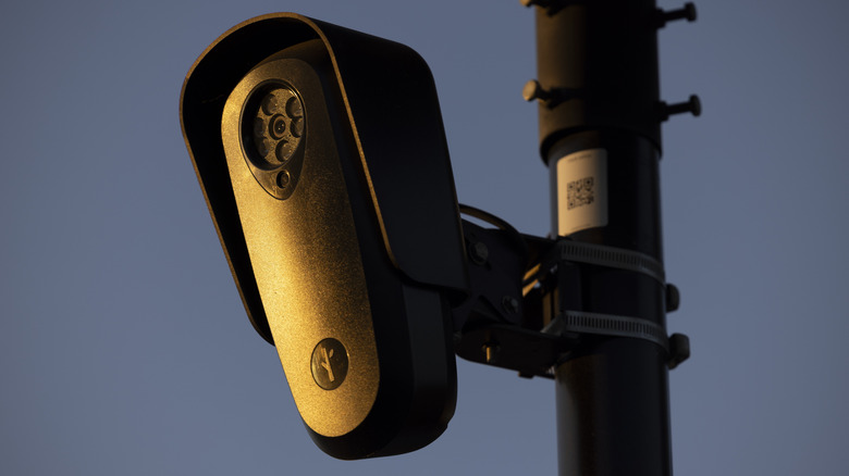 Close up of a Flock Safety camera used for automated license plate recognition.