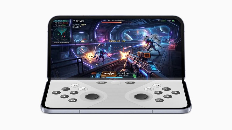 A foldable smartphone displaying Google's new foldable gaming mode feature, the top side of the screen shows a video game, whereas the bottom displays a digital controller
