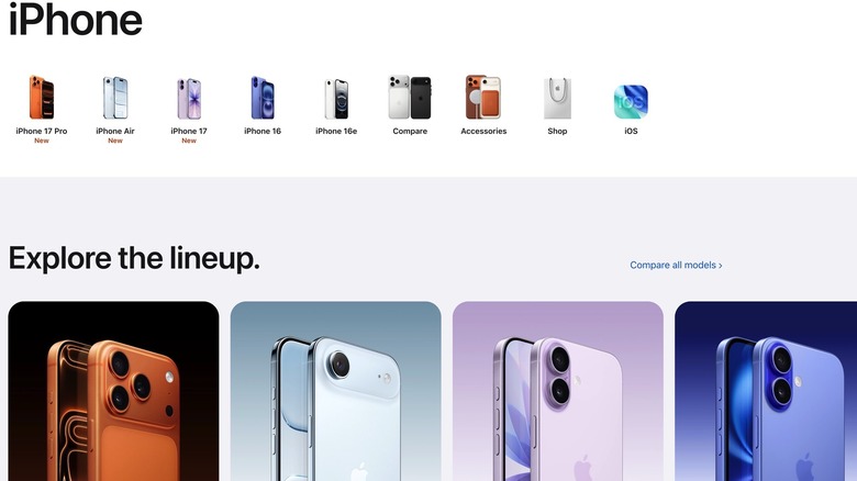 Screenshot showing the fall 2025 iPhone lineup following the iPhone 17 series launch.
